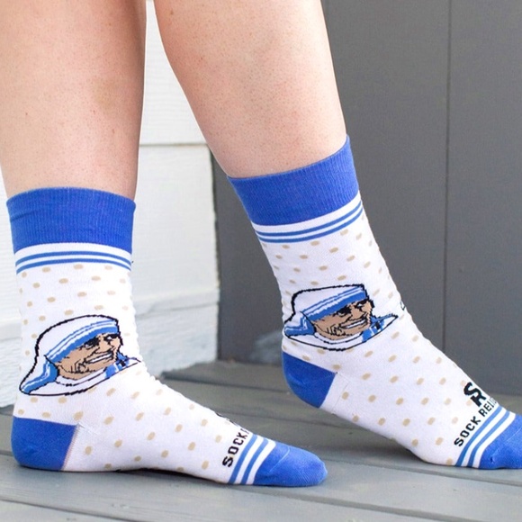 Mother Teresa Blue and White Graphic Socks - Picture 1 of 5